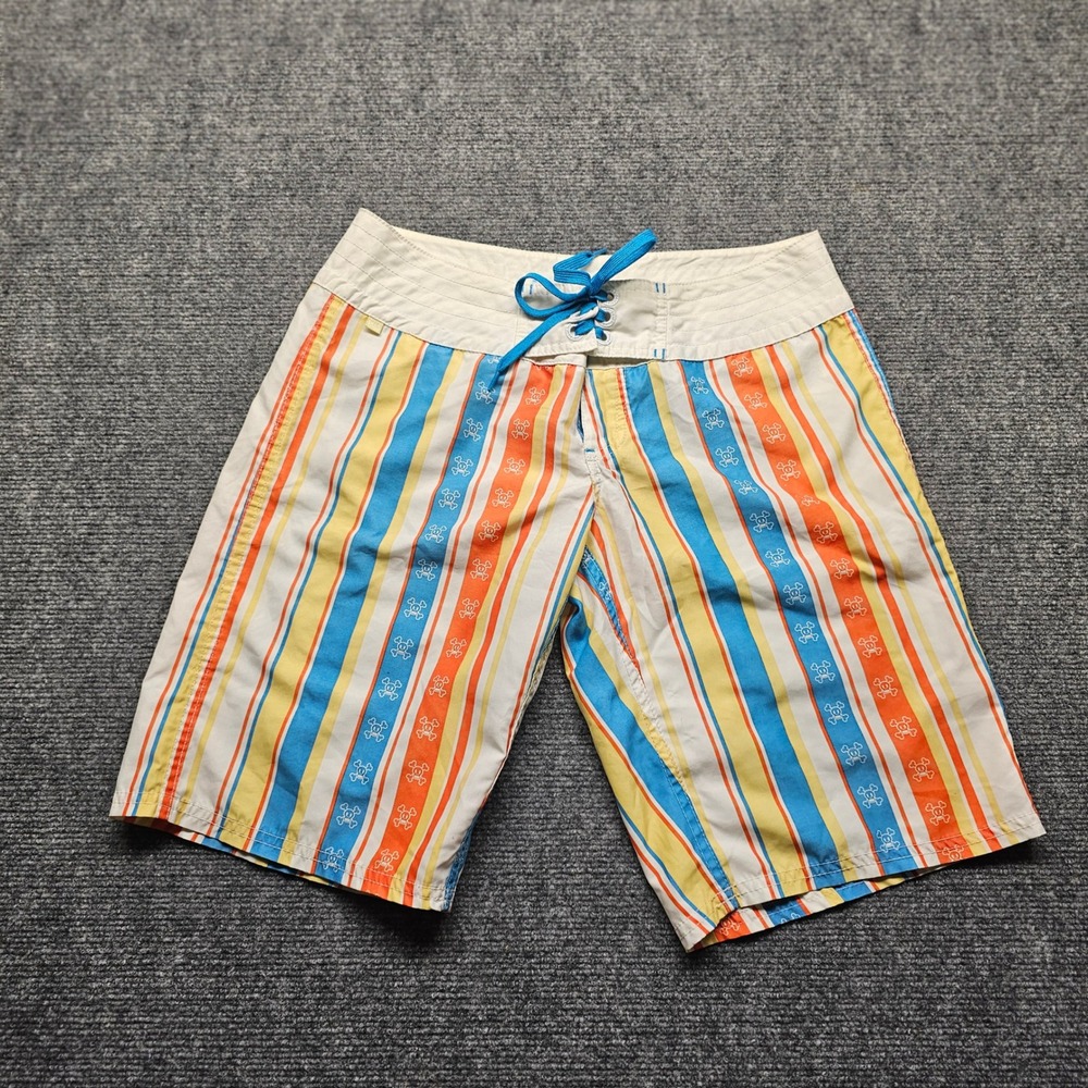 Paul Frank Julius Monkey Skull Crossbones Striped Board Shorts Size 27/5 Vintage